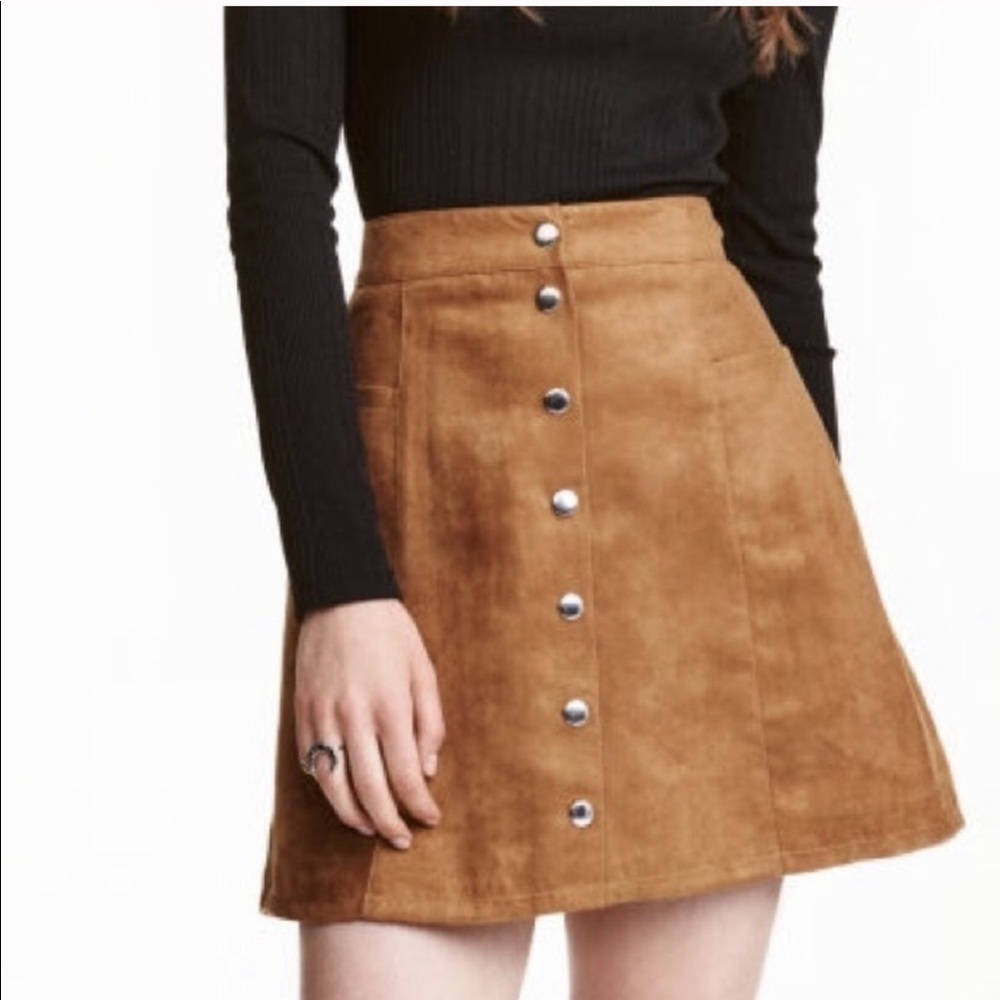 H & M Faux Suede Leather Mini Skirt Button Front Boho Size 6